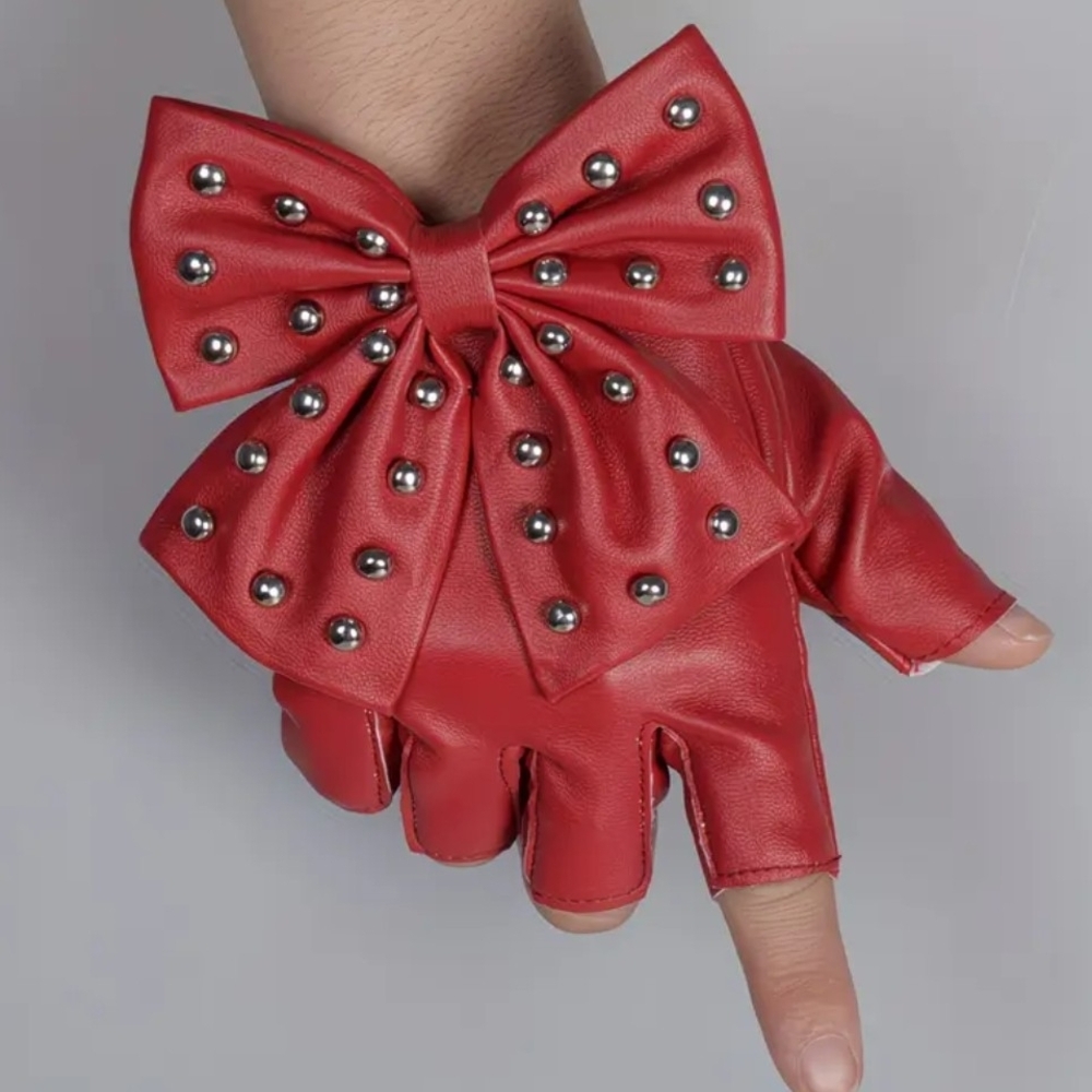 Elegant Red Studded Bow Fingerless Gloves